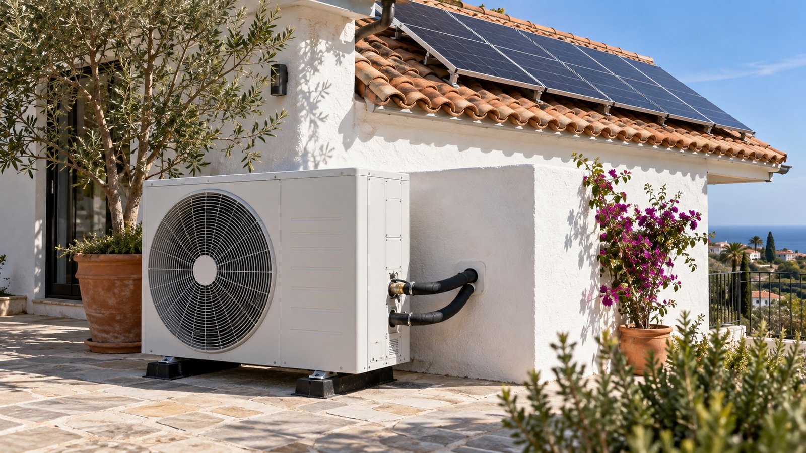 Patio de una casa encalada de la Costa del Sol con la unidad exterior de una bomba de calor aerotérmica y placas solares en el tejado (imagen generada con IA, no es una instalación real)