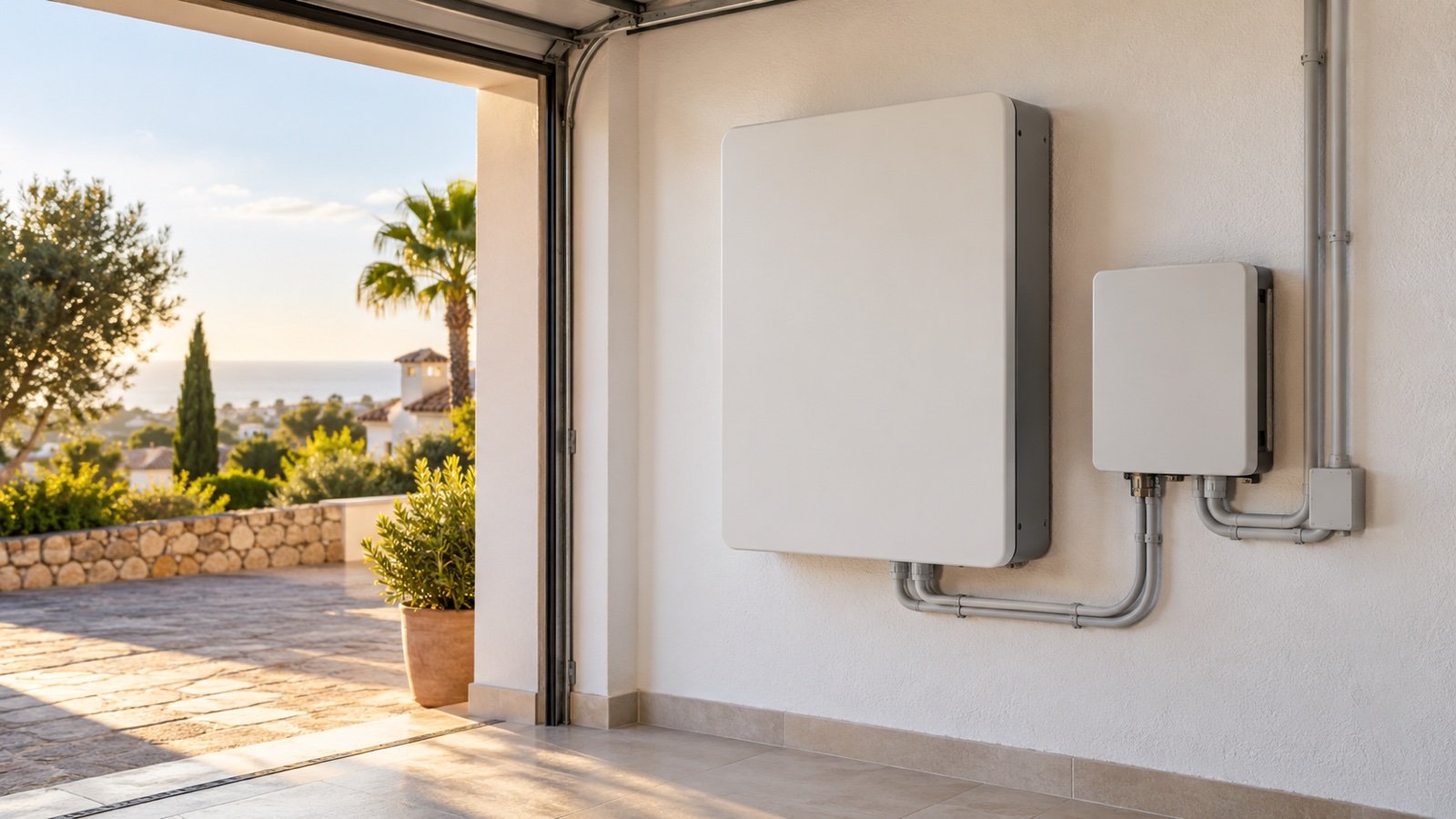Garaje luminoso de una vivienda de la Costa del Sol con una batería doméstica de pared y un inversor pequeño conectados por tubo (imagen generada con IA, no es una instalación real)