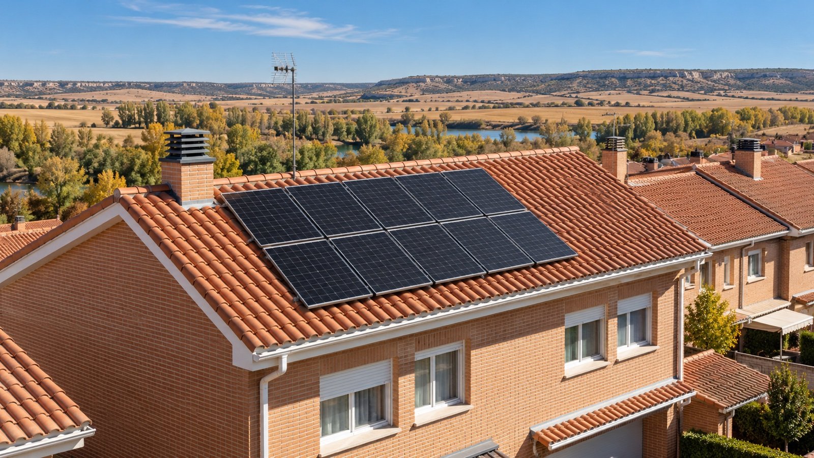 Paneles solares en el tejado de teja de un chalet adosado con el valle del Henares al fondo (imagen ilustrativa generada con inteligencia artificial)
