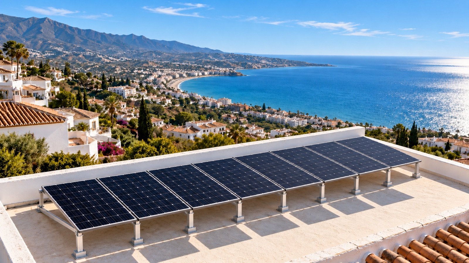 Paneles solares en una azotea encalada con vistas a la costa mediterránea (imagen ilustrativa generada con inteligencia artificial)