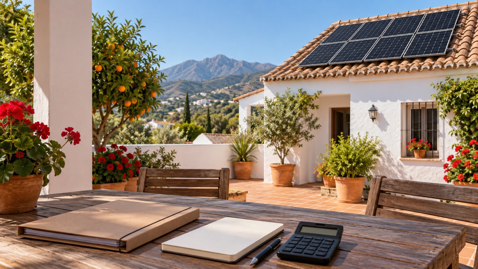 Patio andaluz con una mesa de madera con una carpeta, un cuaderno y una calculadora, y paneles solares en el tejado de una casa encalada (imagen ilustrativa generada con inteligencia artificial)