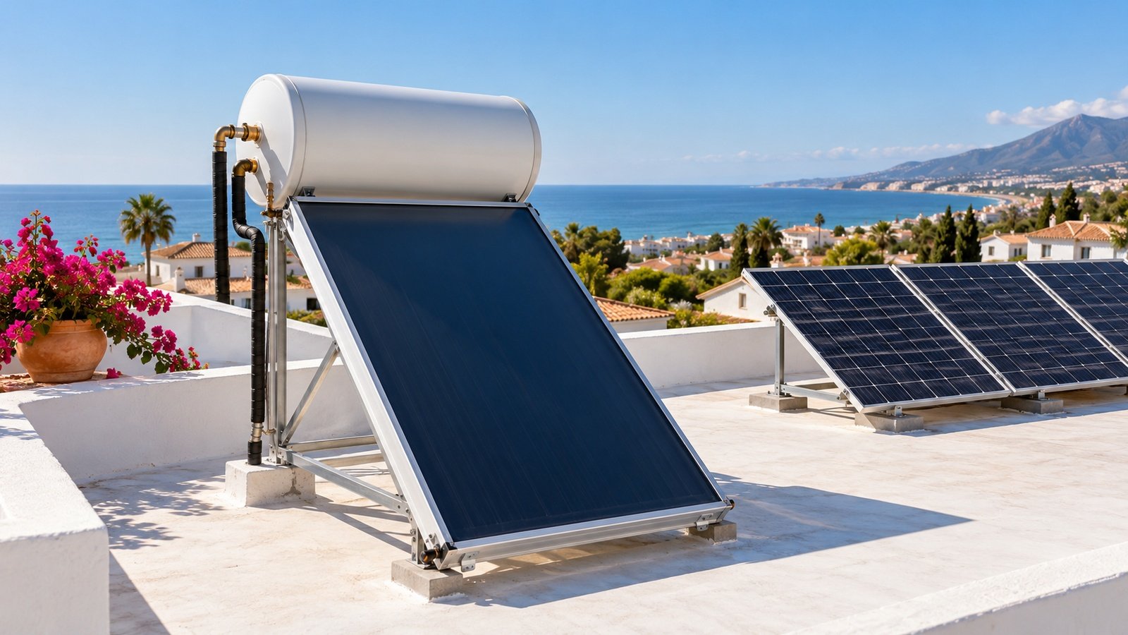 Termosifón solar con depósito blanco junto a placas fotovoltaicas en una azotea encalada de la Costa del Sol, con el mar al fondo (imagen generada con inteligencia artificial)